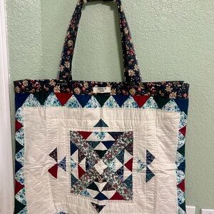 Handmade Quilted Tote Bag in Navy, Red, Cream